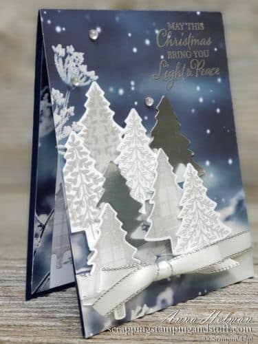 Gorgeous starry night Christmas card idea using the Stampin Up Perfectly Plaid stamp set, Pine Tree Punch, and Feels Life Frost designer paper. 2019 Holiday Catalog sneak peek!