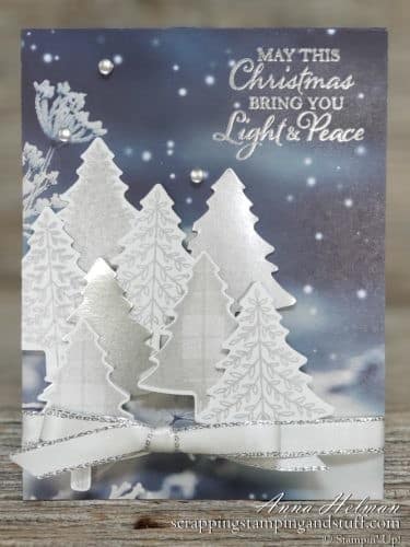 Gorgeous starry night Christmas card idea using the Stampin Up Perfectly Plaid stamp set, Pine Tree Punch, and Feels Life Frost designer paper. 2019 Holiday Catalog sneak peek!