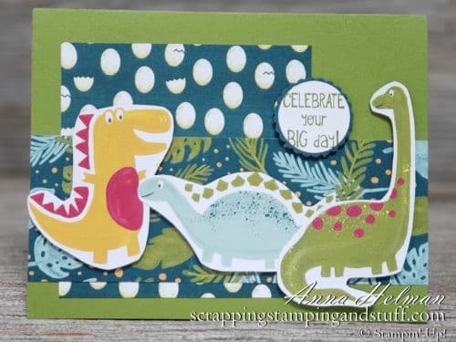 Cute dinosaur card idea using the Stampin Up Little Elephant stamp set and Dinoroar designer paper. Great for kids or boys! 2019-2020 Annual Catalog