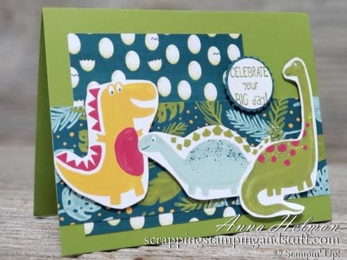 Cute dinosaur card idea using the Stampin Up Little Elephant stamp set and Dinoroar designer paper. Great for kids or boys! 2019-2020 Annual Catalog