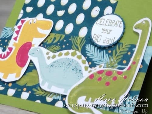 Cute dinosaur card idea using the Stampin Up Little Elephant stamp set and Dinoroar designer paper. Great for kids or boys! 2019-2020 Annual Catalog