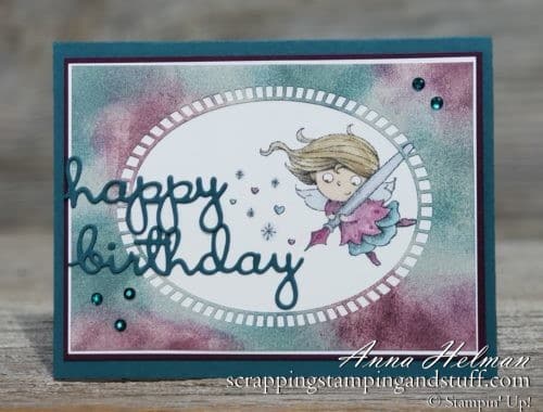 Giveaway Week - Win the Stampin Up New Wonders stamp set! Whimsical birthday card idea, perfect for a little girl, also uses Well Written dies and Shimmer Detailed laser-cut paper.