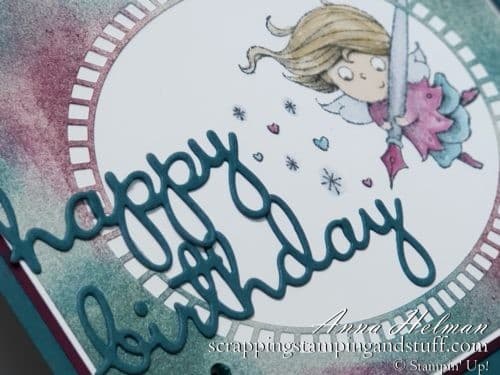 Giveaway Week - Win the Stampin Up New Wonders stamp set! Whimsical birthday card idea, perfect for a little girl, also uses Well Written dies and Shimmer Detailed laser-cut paper.