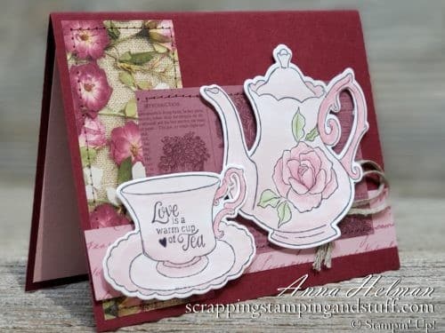 Giveaway Week!! Cute tea party card made with the Stampin Up Tea Together stamp set and Tea Time dies. Enter for your chance to win!