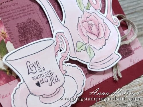 Giveaway Week!! Cute tea party card made with the Stampin Up Tea Together stamp set and Tea Time dies. Enter for your chance to win!