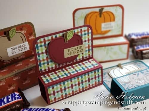 Fun Size Candy Bar Treat Holder Tutorial with the Stampin Up Harvest Hellos Stamp Set and Apple Builder Punch - perfect for DIY Halloween treats!