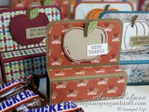 Fun Size Candy Bar Treat Holder Tutorial with the Stampin Up Harvest Hellos Stamp Set and Apple Builder Punch - perfect for DIY Halloween treats!