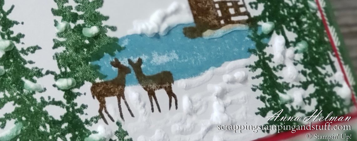 Pretty Christmas card idea with log cabin and deer, using Stampin Up Snow Front and Frosted Foliage stamp sets in the 2019 holiday catalog