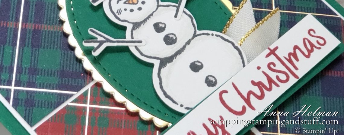 Cute snowman Christmas card idea using the Stampin Up Snowman Seasons stamp set, snowman builder punch, and Wrapped In Plaid designer paper 2019 Holiday Catalog