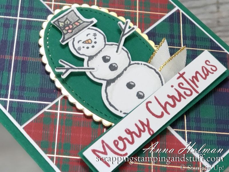 Cute snowman Christmas card idea using the Stampin Up Snowman Seasons stamp set, snowman builder punch, and Wrapped In Plaid designer paper 2019 Holiday Catalog