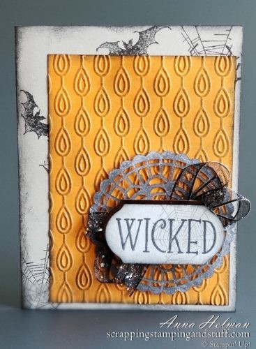 Wicked Halloween card idea using Stampin Up Spooktacular Bash stamp set 2019 Holiday Catalog. Bats and spiderwebs...so spooky!