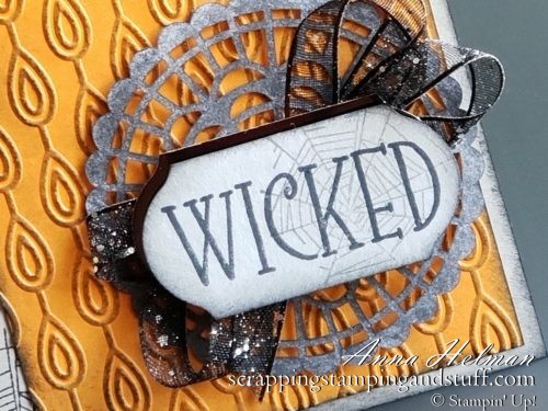 Wicked Halloween card idea using Stampin Up Spooktacular Bash stamp set 2019 Holiday Catalog. Bats and spiderwebs...so spooky!