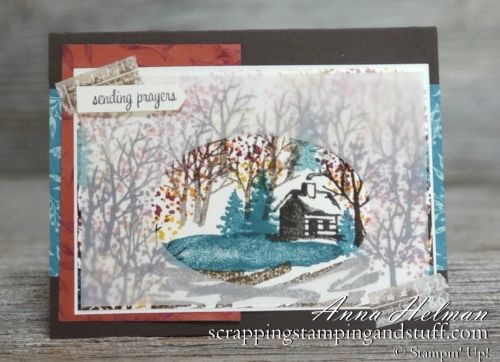 Pretty fall scene, autumn thinking of you card. Sending prayers with Stampin Up Snow Front to make a fall scene with a log cabin and lake. 2019 Holiday Catalog.