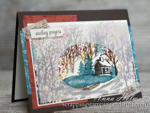 Pretty fall scene, autumn thinking of you card. Sending prayers with Stampin Up Snow Front to make a fall scene with a log cabin and lake. 2019 Holiday Catalog.