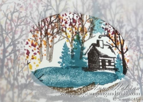 Pretty fall scene, autumn thinking of you card. Sending prayers with Stampin Up Snow Front to make a fall scene with a log cabin and lake. 2019 Holiday Catalog.