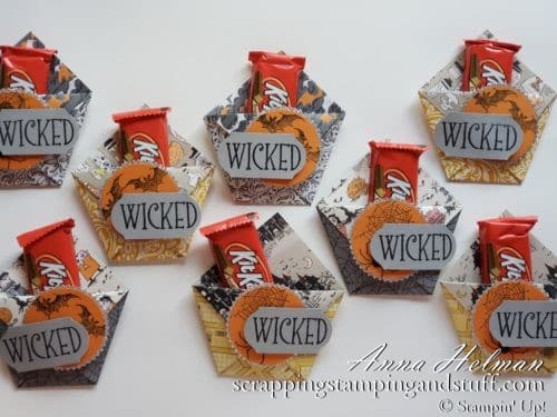 DIY Halloween treat - a folded paper pocket treat holder with tutorial. Super quick and easy to make! With Stampin Up Wonderfully Wicked stamp set in the 2019 Holiday Catalog.