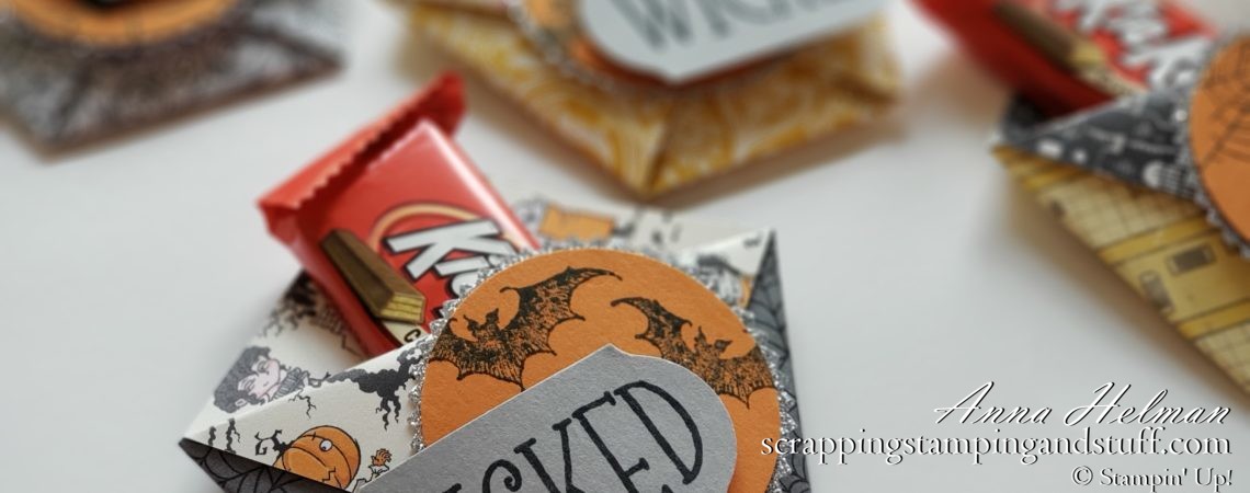 DIY Halloween treat - a folded paper pocket treat holder with tutorial. Super quick and easy to make! With Stampin Up Wonderfully Wicked stamp set in the 2019 Holiday Catalog.