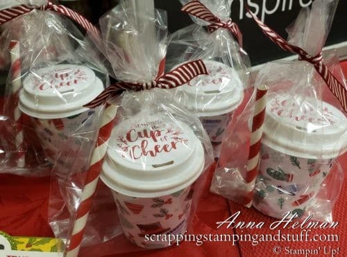 These decorated Stampin Up mini coffee cups make fantastic stocking stuffer ideas, treat holders, or gift card holders!