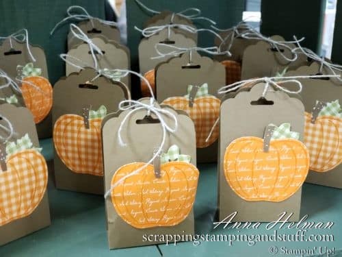 DIY Halloween or Thanksgiving Treats - simple pumpkin treat boxes, tag topper treats, made with the Stampin Up scalloped tag topper punch and apple builder punch