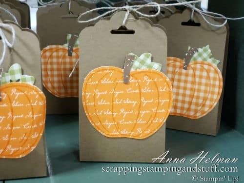 DIY Halloween or Thanksgiving Treats - simple pumpkin treat boxes, tag topper treats, made with the Stampin Up scalloped tag topper punch and apple builder punch