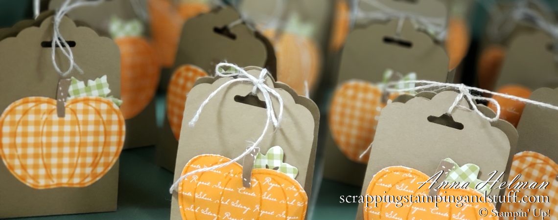 DIY Halloween or Thanksgiving Treats - simple pumpkin treat boxes, tag topper treats, made with the Stampin Up scalloped tag topper punch and apple builder punch