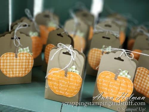 DIY Halloween or Thanksgiving Treats - simple pumpkin treat boxes, tag topper treats, made with the Stampin Up scalloped tag topper punch and apple builder punch