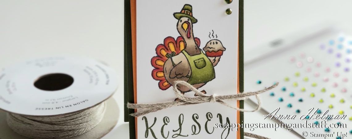 Cute DIY Thanksgiving place cards using the Stampin' Up! Birds of a Feather stamp set. A fun pilgrim turkey! Also great as a table decorations or table topper.