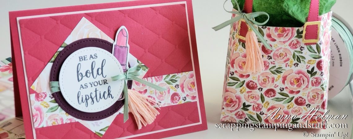 Stampin Up Mini Catalog Sneak Peeks! Cute all-occasion or birthday card idea and paper purse gift bag using the Stampin Up Dressed To Impress stamp set and All Dressed Up dies. Be as bold as your lipstick!