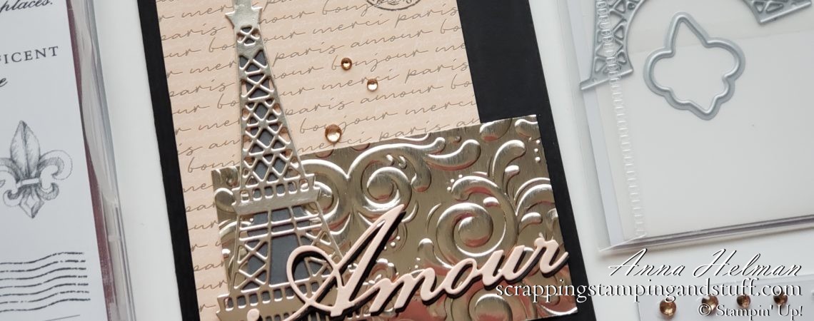 Stampin Up 2020 Mini Catalog Sneak Peeks! Stampin Up Parisian Beauty card idea with the Eiffel Tower, Paris, amour love.