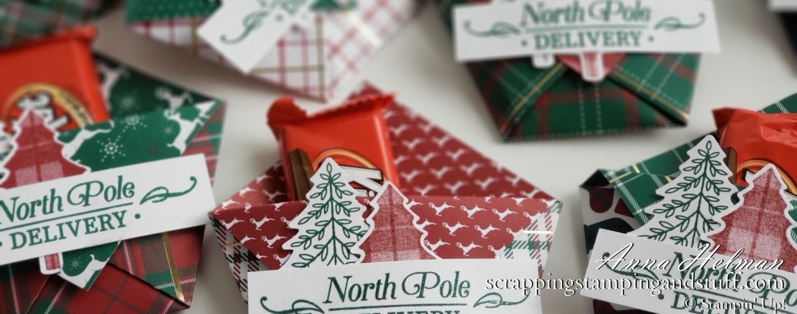 6x6 treat holder makes perfect Christmas table favors and is so fast and easy to make! Using Stampin Up Perfectly Plaid stamp set and Pine Tree punch