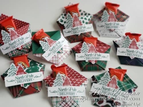 6x6 treat holder makes perfect Christmas table favors and is so fast and easy to make! Using Stampin Up Perfectly Plaid stamp set and Pine Tree punch