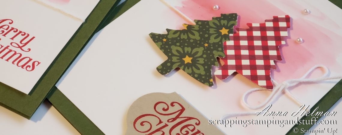 Simple Stampin Up Pefectly Plaid Christmas card idea with a watercolor wash background