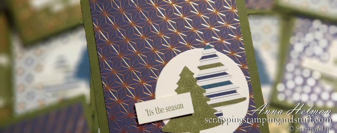 Gorgeous copper Christmas cards using the Stampin Up Brightly Gleaming designer series paper, Perfectly Plaid stamp set and Pine Tree Punch