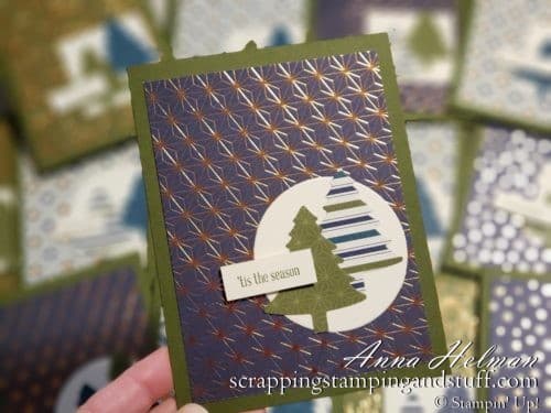 Gorgeous copper Christmas cards using the Stampin Up Brightly Gleaming designer series paper, Perfectly Plaid stamp set and Pine Tree Punch