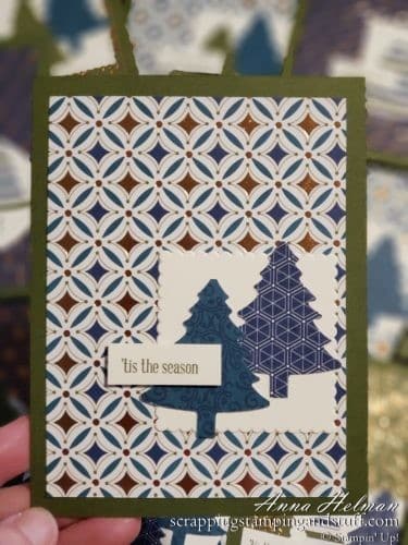 Gorgeous copper Christmas cards using the Stampin Up Brightly Gleaming designer series paper, Perfectly Plaid stamp set and Pine Tree Punch