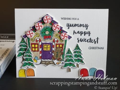 Adorable gingerbread house Christmas card idea using the Stampin Up Yummy Christmas gingerbread house stamp set and Cuckoo Clock Dies