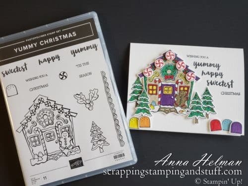 Adorable gingerbread house Christmas card idea using the Stampin Up Yummy Christmas gingerbread house stamp set and Cuckoo Clock Dies