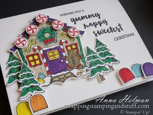 Adorable gingerbread house Christmas card idea using the Stampin Up Yummy Christmas gingerbread house stamp set and Cuckoo Clock Dies