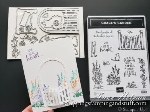 Secret garden card idea made with Stampin Up Grace's Garden stamp and die set in 2020 Mini Catalog