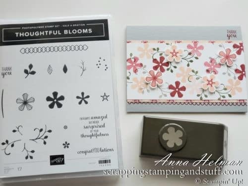 Floral thank you card idea using the Stampin Up Thoughtful Blooms stamp set and Small Bloom Punch in the 2020 Saleabration brochure - free Saleabration reward items