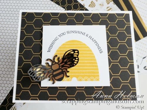 Bee card idea made with Stampin Up Honey Bee stamp and die set in 2020 Mini Catalog, also Golden Honey designer series paper in Sale-a-bration brochure