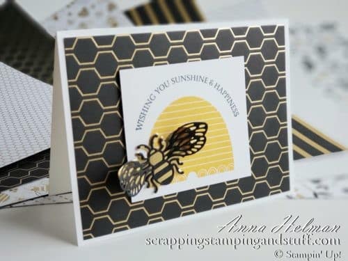 Bee card idea made with Stampin Up Honey Bee stamp and die set in 2020 Mini Catalog, also Golden Honey designer series paper in Sale-a-bration brochure