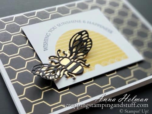 Bee card idea made with Stampin Up Honey Bee stamp and die set in 2020 Mini Catalog, also Golden Honey designer series paper in Sale-a-bration brochure