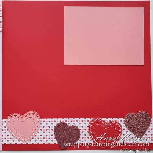 Valentines Day scrapbook layout using the Stampin Up Heartfelt bundle, Heart Punches, and heart doilies!