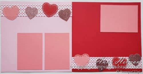 Valentines Day scrapbook layout using the Stampin Up Heartfelt bundle, Heart Punches, and heart doilies!