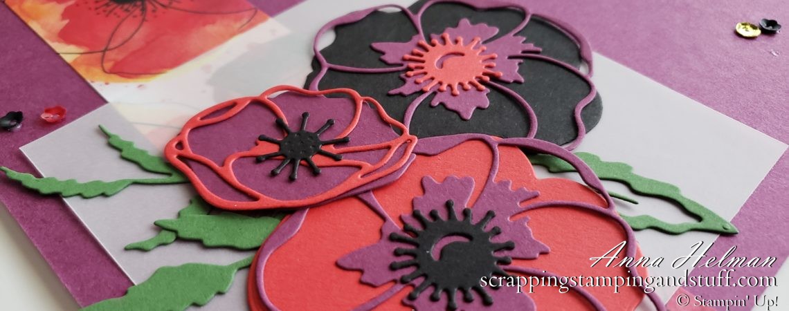 A beautiful Stampin Up Painted Poppies scrapbook page idea, made using the new Peaceful Poppies product suite in the 2020 Mini Catalog