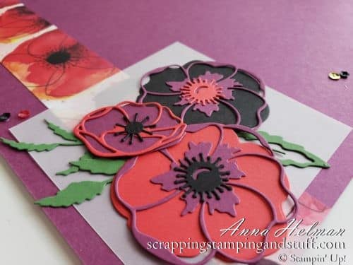 A beautiful Stampin Up Painted Poppies scrapbook page idea, made using the new Peaceful Poppies product suite in the 2020 Mini Catalog