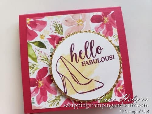 Post-It holder with measurements made with the Stampin Up Dressed to Impress stamp set with high heels, lipstick, and perfume. Hello Fabulous!