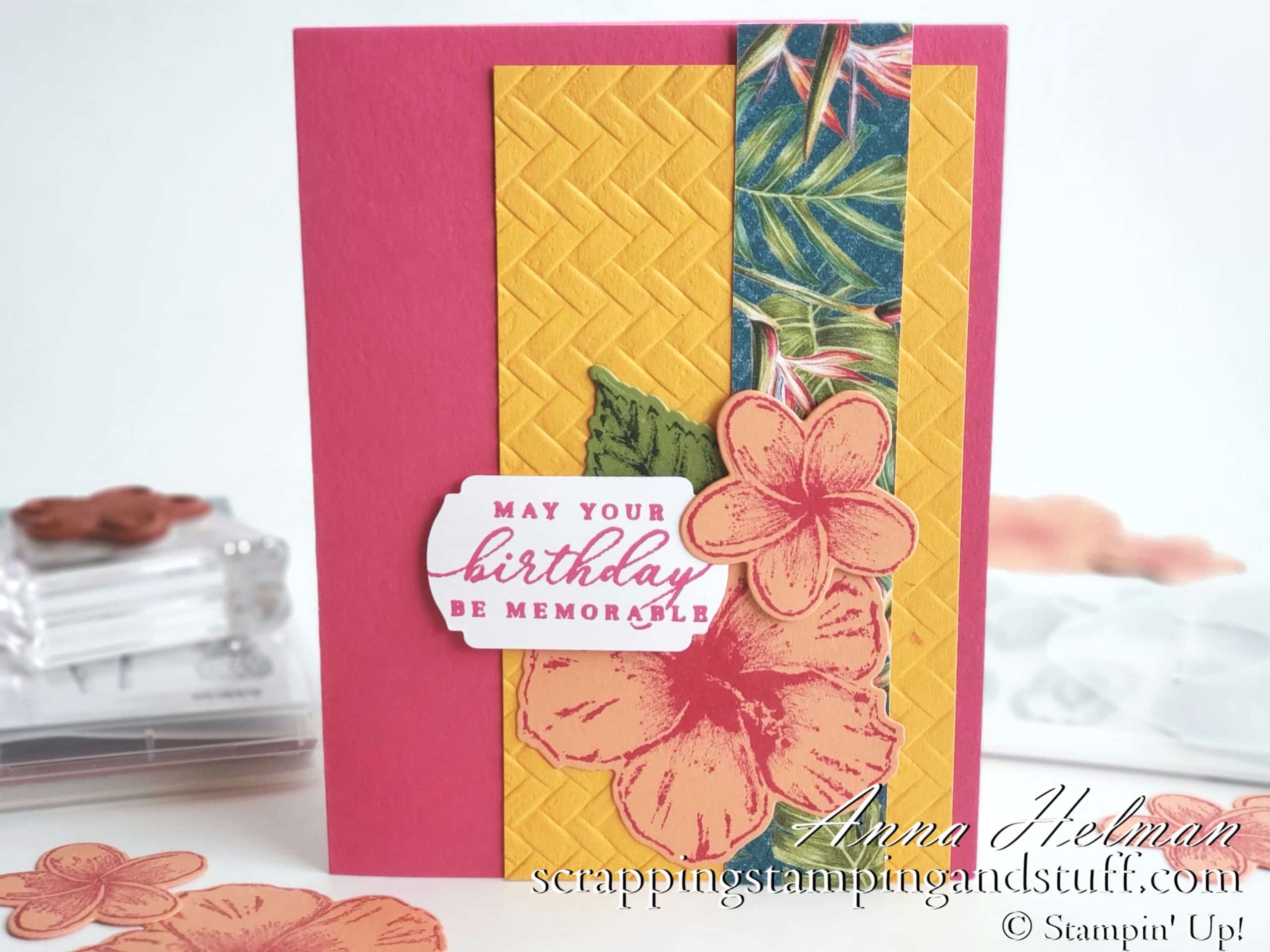 Pretty tropical card idea made with the Stampin Up Timeless Tropical stamp set in the 2020 January-June Mini Catalog. Pretty birthday card!