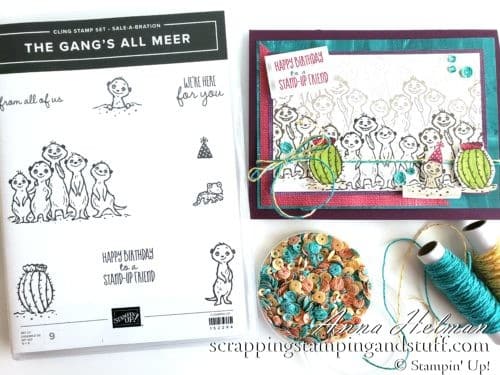 Win free stamping supplies during Giveaway Week! Enter to win the Stampin Up The Gang's All Meer stamp set! Adorable meerkat birthday card idea.